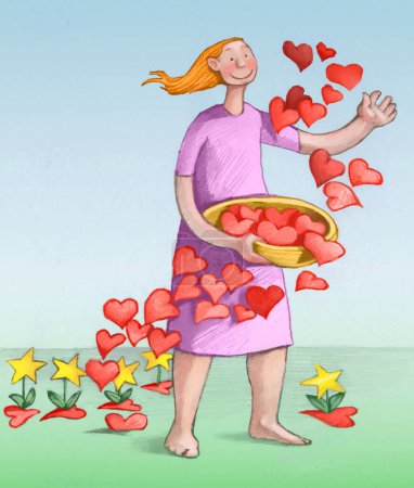 Téléchargez les photos : Une femme sème beaucoup de cœurs d'où naissent des plantules avec des fleurs faites d'étoiles - en image libre de droit