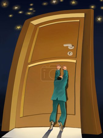 man tries to reach a large door handle, behind the door a starry sky, a metaphor for search for meaning in life and difficulty of the journey
