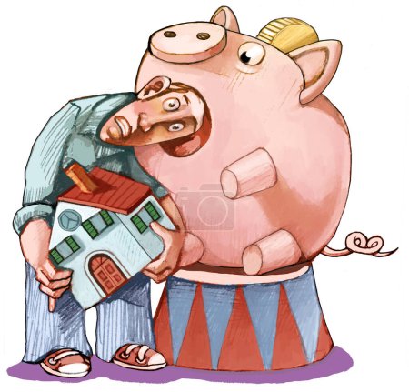 Mann mit Haus in den Armen steckt den Kopf in den Kiefer eines Sparschweins, eine Metapher für den Anstieg der Hypotheken mit variablem Zinssatz und die Gier der Banken 