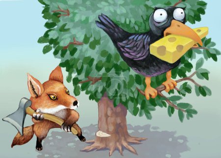 Foto de Metáfora de la política agresiva, zorro no tratando de persuadir al cuervo a dejar ir el queso, pero cortar el árbol - Imagen libre de derechos