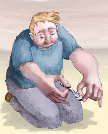 A grief-stricken and sad-looking man holds a saucer and a tiny fork in his large hands, an image that represents in sense of inadequacy in the face of everyday life