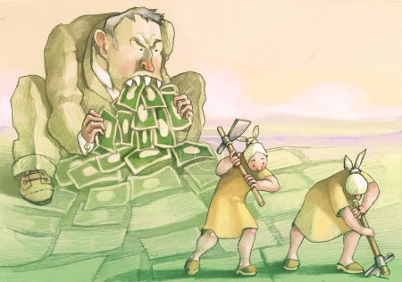 While two peasant women hoe the fields a huge, greedy financier turns the land into banknotes and devours them metaphor for finance grabbing land for pure profit hand made draw