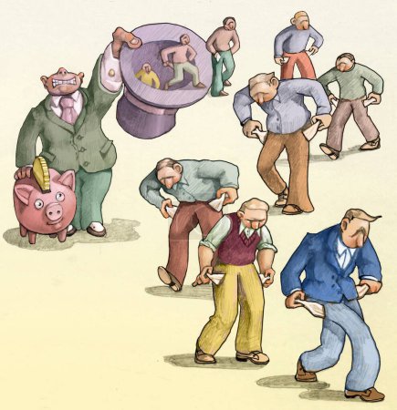 ein Finanzier bringt eine Reihe von Männern mit leeren Taschen hervor, eine Metapher für räuberische Ökonomie, die Millionen von Menschen wieder in die Armut treibt