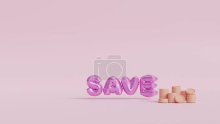 Luftballonbuchstaben "SAVE" und rosa Münzen, Sparkonzept. Kopierraum. 3D-Rendering.