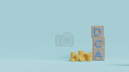 Téléchargez les photos : Mot DCA sur un cube en bois sur des pièces dans l'idée Dollar Coût Moyenne stratégie d'investissement, Économiser des actions ou des économies rendu 3D - en image libre de droit