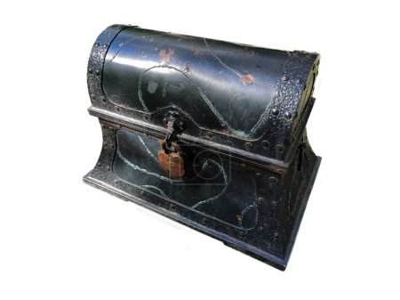 Photo for Big pirate old iron closed chest with padlock on white background clipping path - Royalty Free Image