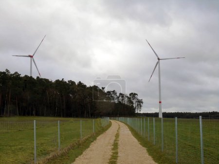 Téléchargez les photos : Les moulins à vent sont situés sur le terrain sous un ciel nuageux. Un chemin de terre vers la forêt longe le champ en perspective - en image libre de droit