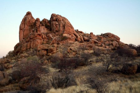 A rocky hill in a rocky arid terrain under a blue sky. Small trees and bushes grow. Desert landscape and nature
