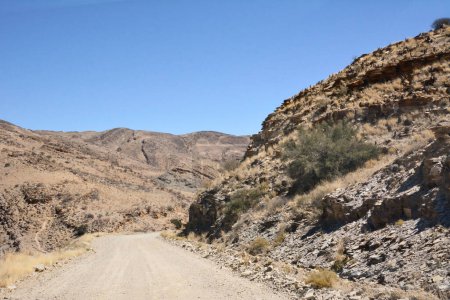 Ein Feldweg in der Perspektive zwischen steinernen Hügeln in der Wüste unter blauem Himmel. Tourismus und Erholung in wilder Natur