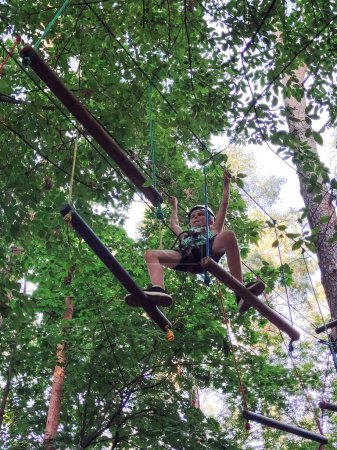 Foto de Un adolescente en un parque de cuerdas en un parque de atracciones se mueve sobre una barandilla suspendida. Vista desde abajo sobre el fondo de los árboles - Imagen libre de derechos