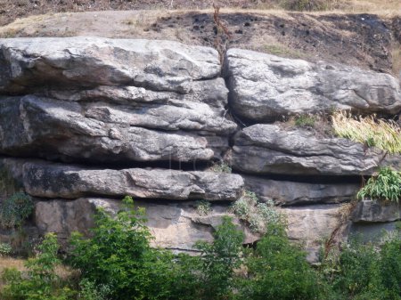 A stony hill slope of cracked horizontal stone blocks. Under it are green bushes and grass. Natural places and nature reserves