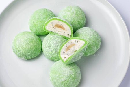 Delicious mochi on a white background, close-up. Traditional Japanese dessert