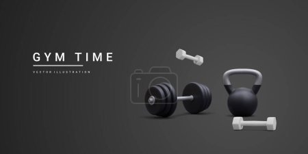 Illustration for 3d realistic banner with dumbbells and kettlebell isolated on black background. Vector illustration. - Royalty Free Image