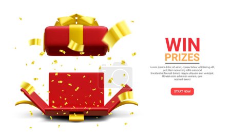 Illustration for 3d realistic open gift box and flying gold confetti on white background. Win Prizes concept. Vector Illustration. - Royalty Free Image