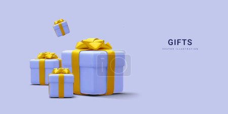 Illustration for 3d realistic pile blue gifts boxes with gold ribbon. Decorative festive objects. New Year and Christmas design banner. Vector illustration. - Royalty Free Image