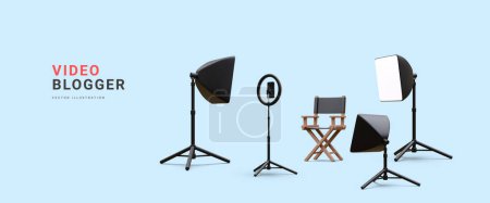 Téléchargez les illustrations : 3d realistic video blogger concept banner. Place for work with floodlight, chair and phone on tripod with light bulb and spotlight. Vector illustration. - en licence libre de droit