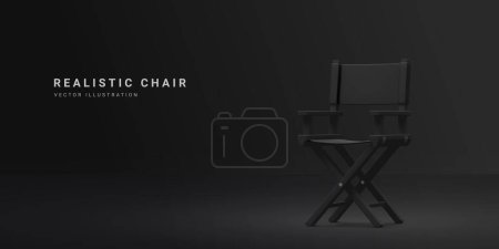 Illustration for 3d realistic black director chair isolated on dark background. Vector illustration. - Royalty Free Image