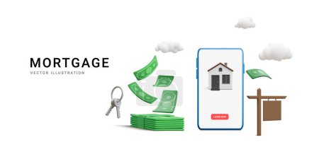 Téléchargez les illustrations : 3d realistic concept buying home with mortgage and paying credit to bank. House Loan, Rent and Mortgage Concept. Invest money in real estate property in cartoon style. Vector illustration. - en licence libre de droit