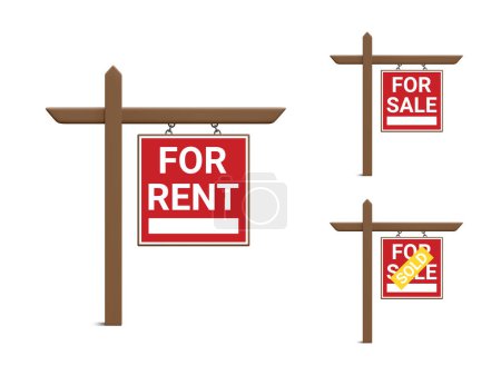 Ilustración de Set of 3d realistic various real estate sign isolated on white background. Blank for rent, for sale and sold house. Vector illustration. - Imagen libre de derechos