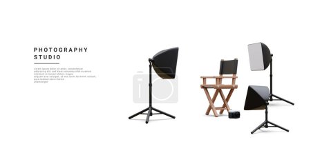 Téléchargez les illustrations : 3d realistic interior of modern photo studio with chair, camera and professional lighting equipment. Empty photography studio with spotlights. Vector illustration. - en licence libre de droit