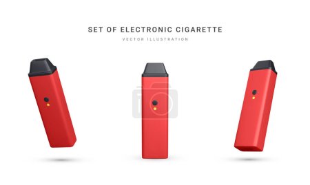 Juego de cigarrillos electrónicos desechables realistas 3d aislados sobre fondo blanco. Fumador moderno, vapeo y nicotina con diferentes sabores. Ilustración vectorial.