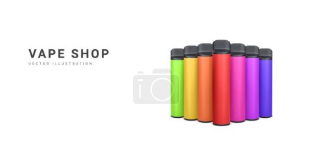 3d realistic promotion banner with disposable electronic cigarettes isolated on light background. Modern smoking, vaping and nicotine with different flavors. Vector illustration.