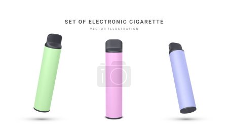 Juego de cigarrillos electrónicos desechables realistas 3d aislados sobre fondo blanco. Fumador moderno, vapeo y nicotina con diferentes sabores. Ilustración vectorial.