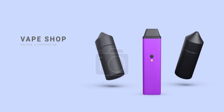 Illustration for 3d realistic promotion banner with disposable electronic cigarettes isolated on light background. Modern smoking, vaping and nicotine with different flavors. Vector illustration. - Royalty Free Image