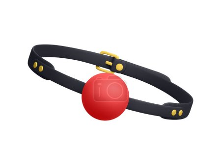 3D realistischer roter Silikonball-Gag mit einem Ledergürtel auf weißem Hintergrund. BDSM Spielkonzept. Vektorillustration.