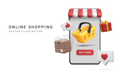 3D realistisches Geschäft im Smartphone mit Warenkorb, Karton und Geschenkbox im Cartoon-Stil auf weißem Hintergrund. Plakat oder Webseite für den Online-Einkauf. Vektorillustration.