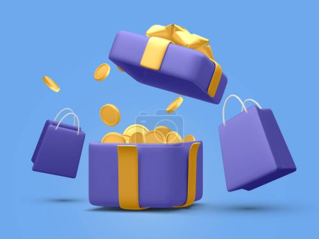 3d realistic open gift box surprise with gold flying coins and shopping bag. Money prize reward. Loyalty program and get rewards concept. Vector illustration.