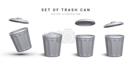 Illustration for Set of 3d realistic silver trash can on white background. Vector illustration. - Royalty Free Image