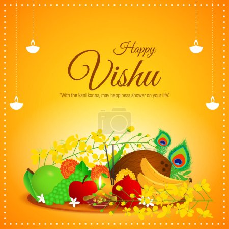 Téléchargez les illustrations : Illustration vectorielle de la bannière de vœux Happy Vishu - en licence libre de droit