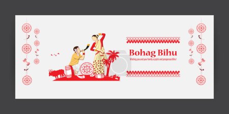 Téléchargez les illustrations : Vector illustration of Happy Bohag Bihu Assamese New Year Harvest festival wishes greeting - en licence libre de droit