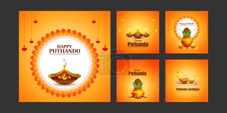 Vector illustration of Happy Puthandu Tamil New Year social media story feed set mockup template