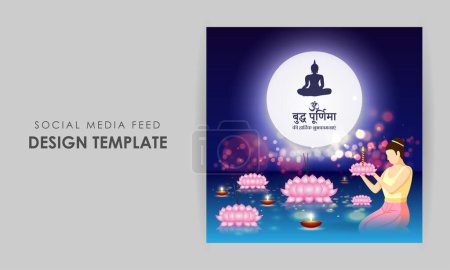 Ilustración vectorial de Happy Buddha Purnima plantilla de maqueta de alimentación de historia de redes sociales con texto hindi