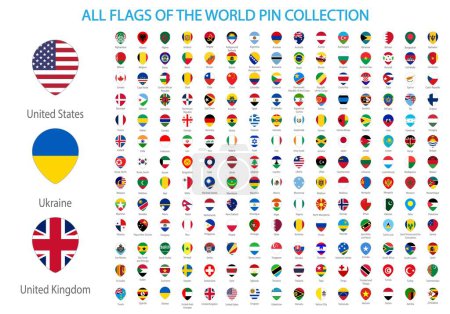 Téléchargez les photos : Tous les drapeaux nationaux du monde avec des noms - forme d'épingle avec drapeau d'ombre isolé sur fond blanc - en image libre de droit