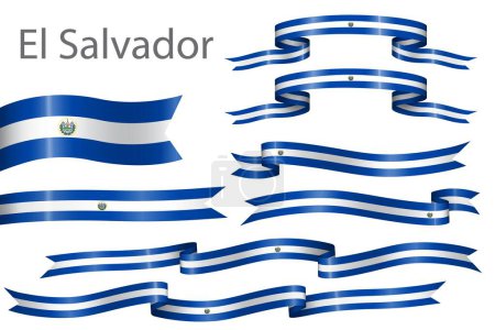 Illustration for Set of flag ribbon with colors of El Salvador for independence day celebration decoration - Royalty Free Image