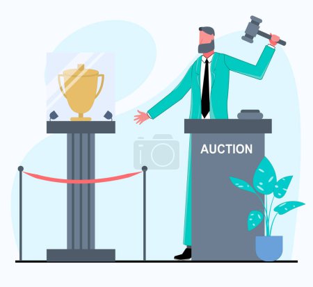 Ilustración de Un hombre de negocios lleva a cabo una subasta, y hay un trofeo en un pedestal ilustración vector plano cercano - Imagen libre de derechos