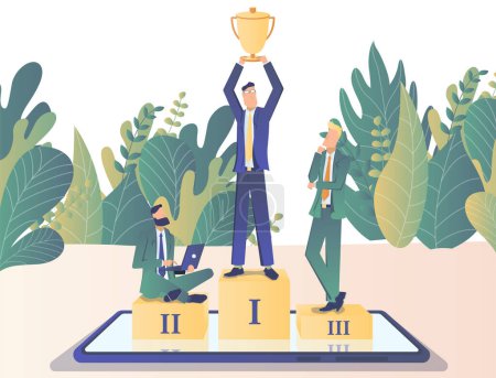 Illustration for Businessmen stand on the pedestal, the winner holds the cup. Business award - Royalty Free Image