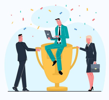 successful businessman won a business award prize and sits on a cup working on a laptop around a team woman with a briefcase and a man are flying confetti vector flat illustration