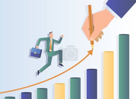 Illustration for Business success. Businessman runs up the growth chart arrow. - Royalty Free Image