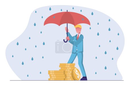 Financial protection. A businessman with an umbrella protects his capital from the rain