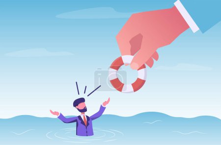 Illustration for Financial support. Hand holds out a life preserver to a sinking businessman. - Royalty Free Image