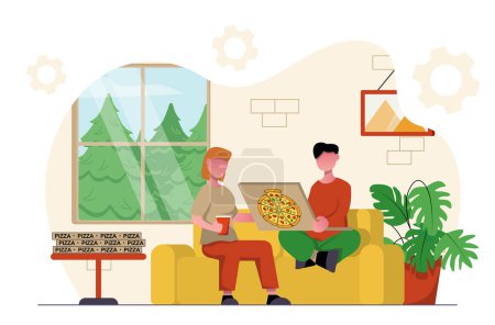 Foto de Entrega de comida. Hombre y mujer comiendo pizza en casa en el sofá. - Imagen libre de derechos