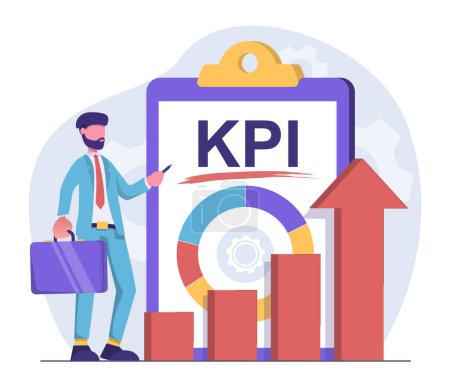 Foto de KPI. Empresario de pie junto a un gráfico de indicadores clave de rendimiento - Imagen libre de derechos