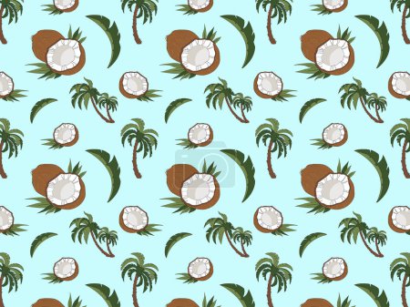 Illustration for Whole coconut, coconut halves, two palm trees. High quality summer vector illustration. Pattern - Royalty Free Image