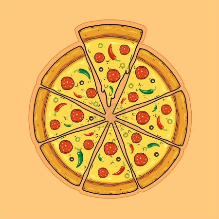 Pizza rebanada con aceitunas, pimientos, salchichas, salami y queso. Ilustración vectorial plana.