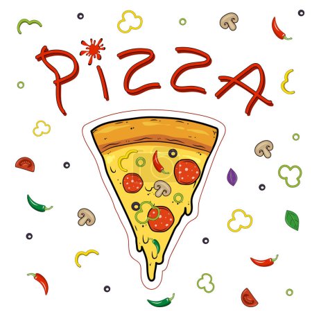 Foto de Pizza rebanada con champiñones, aceitunas, pimienta, salami, salchichas y queso. Letras de ketchup "Pizza". Ilustración vectorial plana. - Imagen libre de derechos