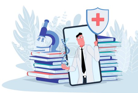 Illustration for A medical scientist from the phone screen shows the DNA chain and points to a red cross. Against the background of the book, on books a microscope. Medicine and genetics vector concept illustration. - Royalty Free Image